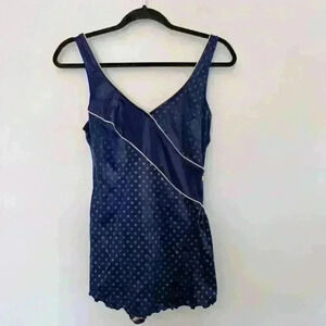 Women's Vintage 1970's Longitude One Piece Blue Bathing Suit Union Made USA 14T